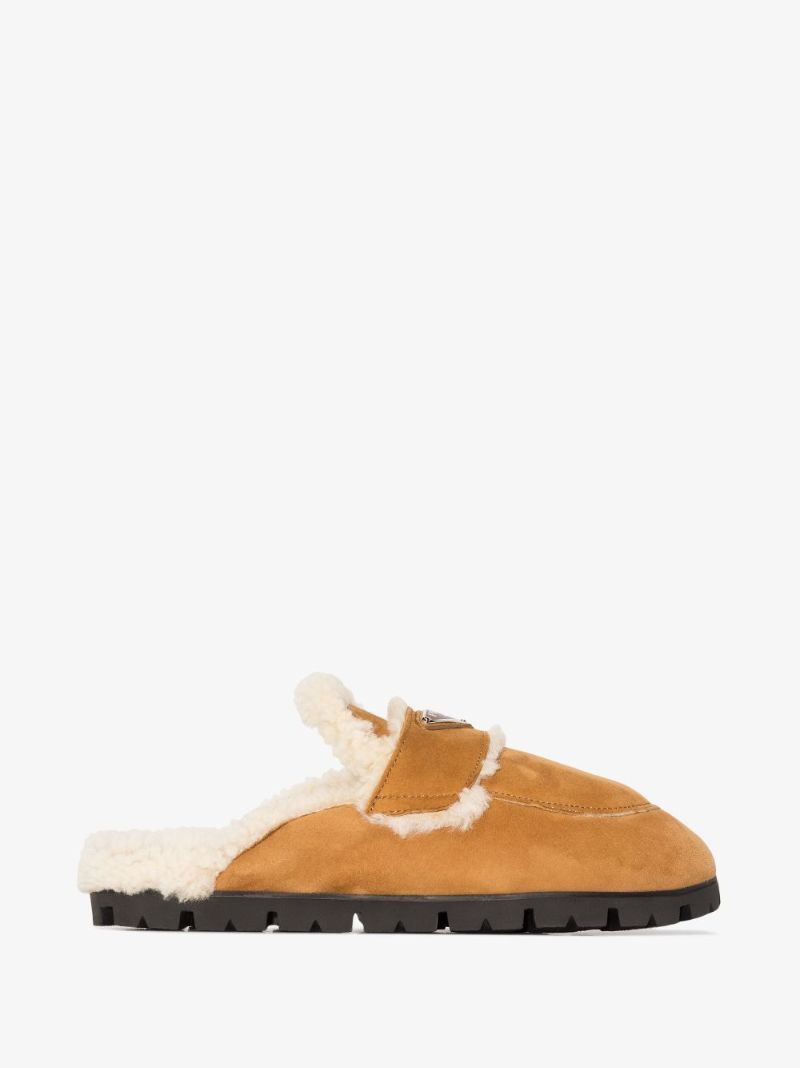 Brown Logo Plaque Shearling Slippers
