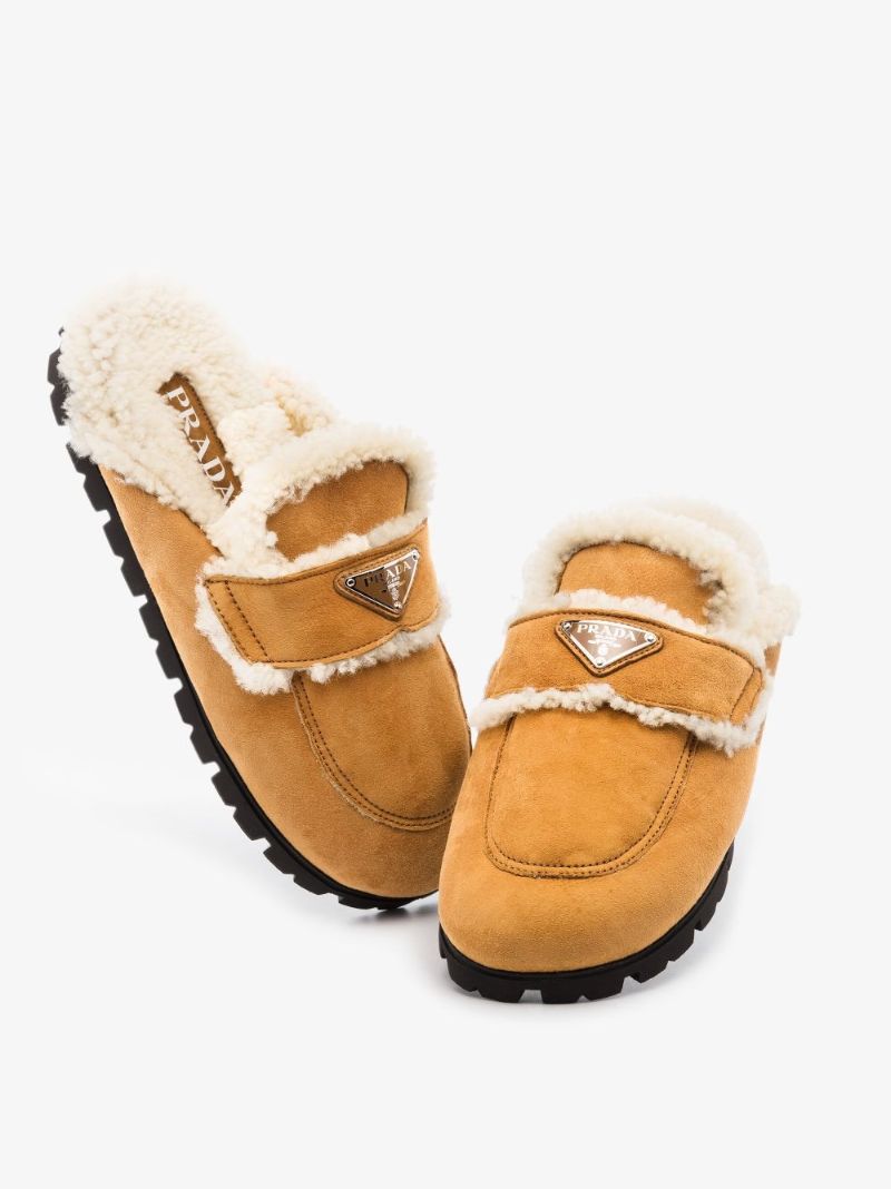 Brown Logo Plaque Shearling Slippers