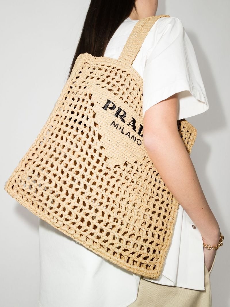 Neutral Logo Raffia Tote Bag