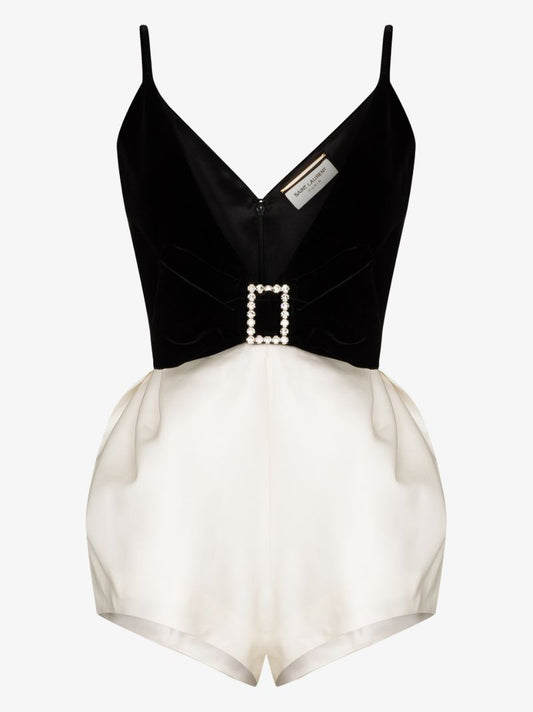 Embellished Velvet and Silk Playsuit