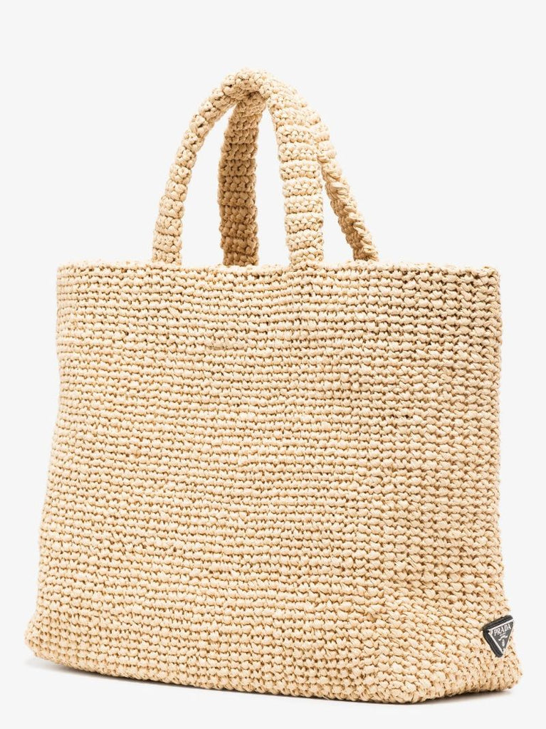 Neutral Logo-embroidered Raffia Tote Bag