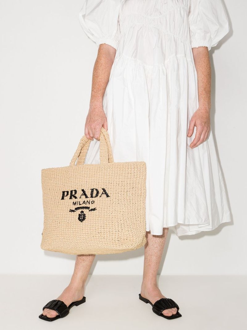 Neutral Logo-embroidered Raffia Tote Bag