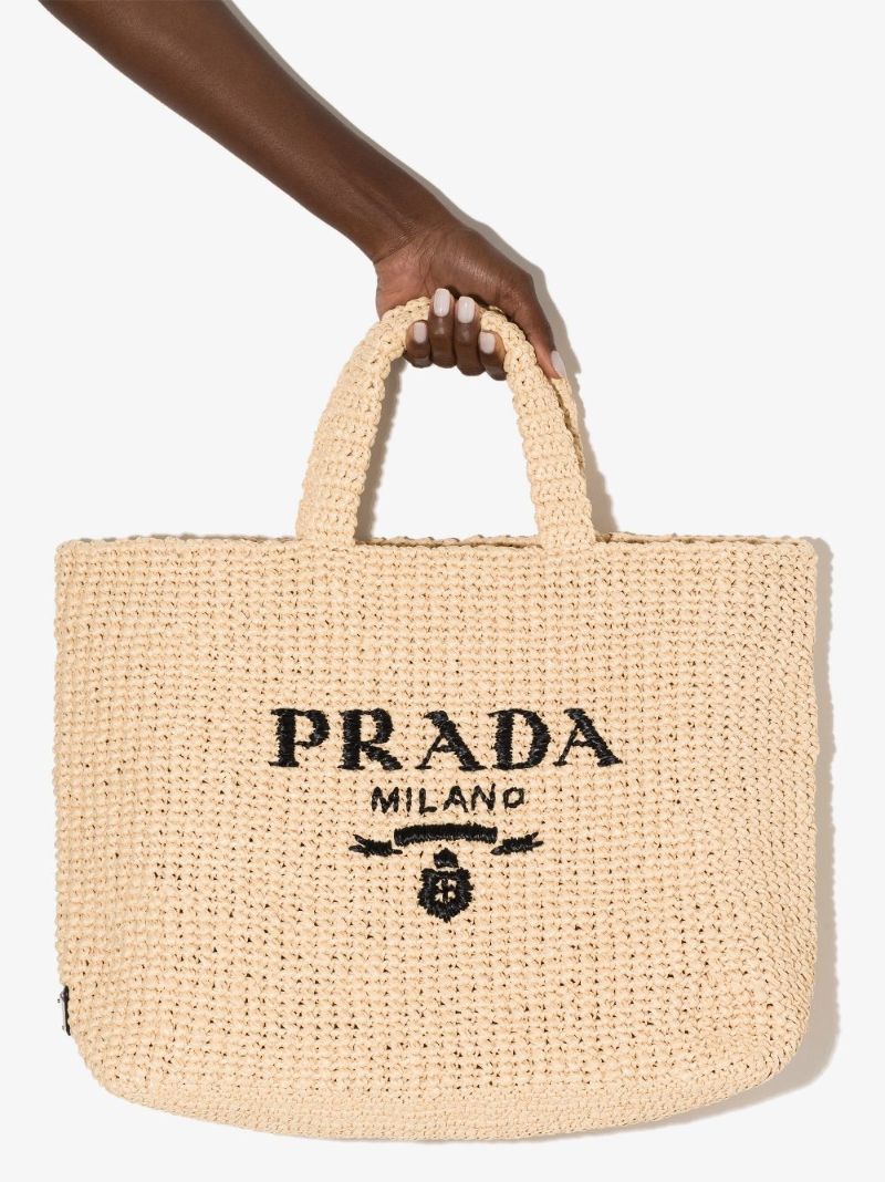 Neutral Logo-embroidered Raffia Tote Bag