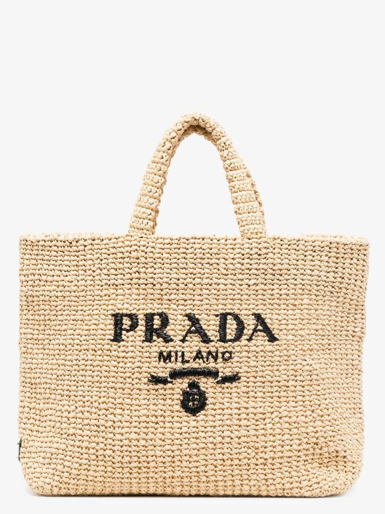 Neutral Logo-embroidered Raffia Tote Bag