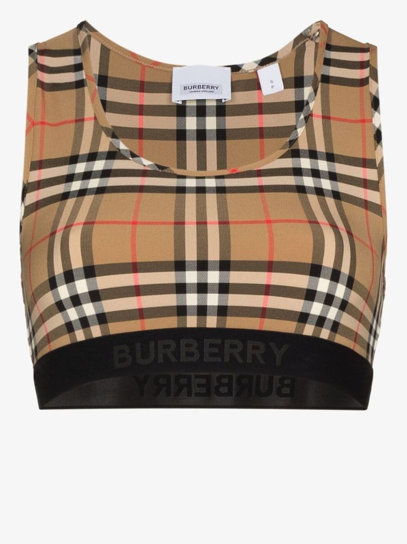 Neutral Vintage Check Sports Bra