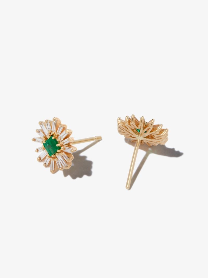 18k Yellow Gold Fireworks Diamond and Emerald Earrings