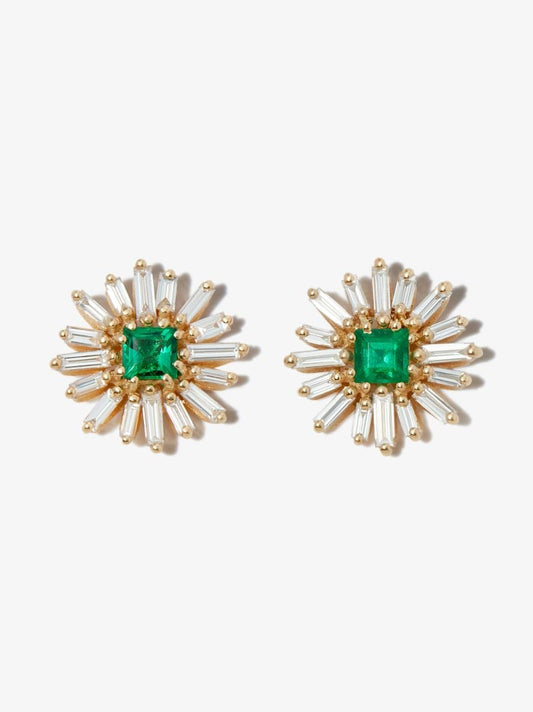 18k Yellow Gold Fireworks Diamond and Emerald Earrings
