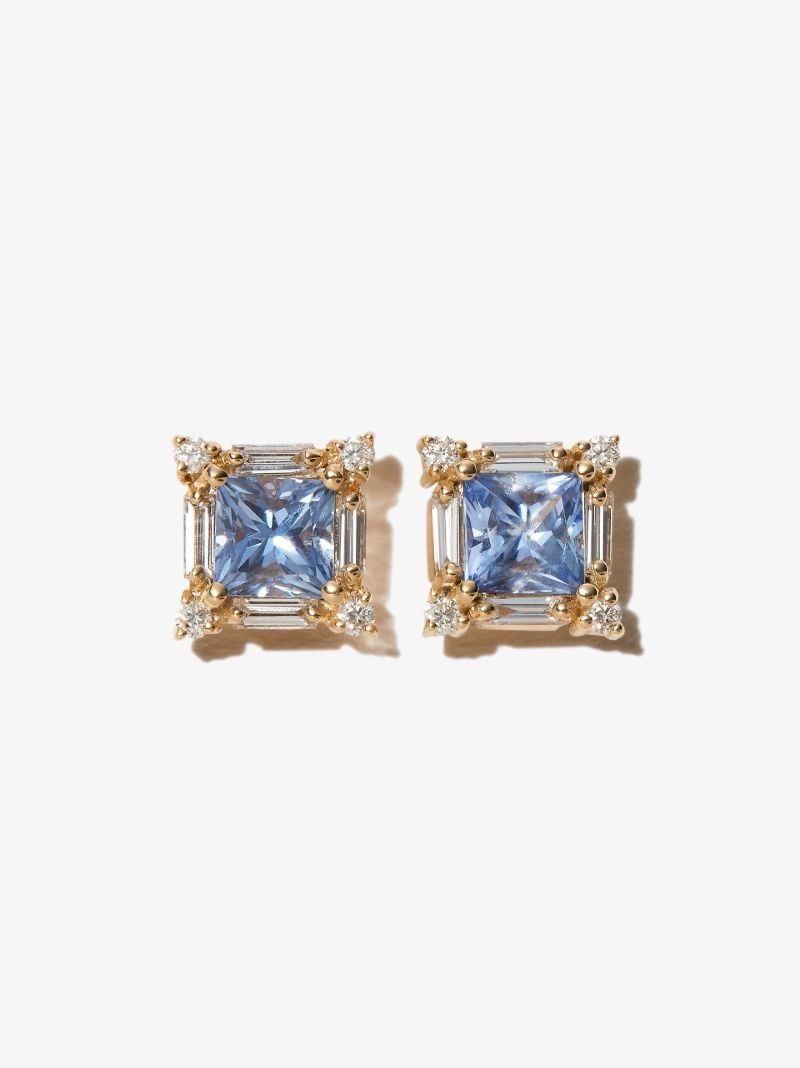 18k Yellow Gold Sapphire and Diamond Stud Earrings