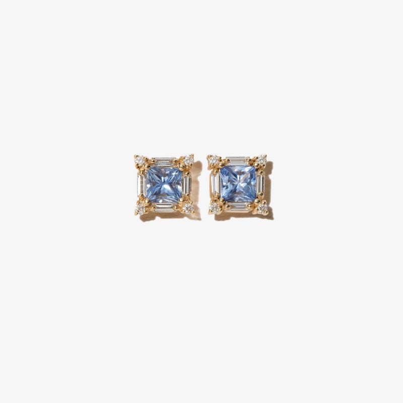 18k Yellow Gold Sapphire and Diamond Stud Earrings