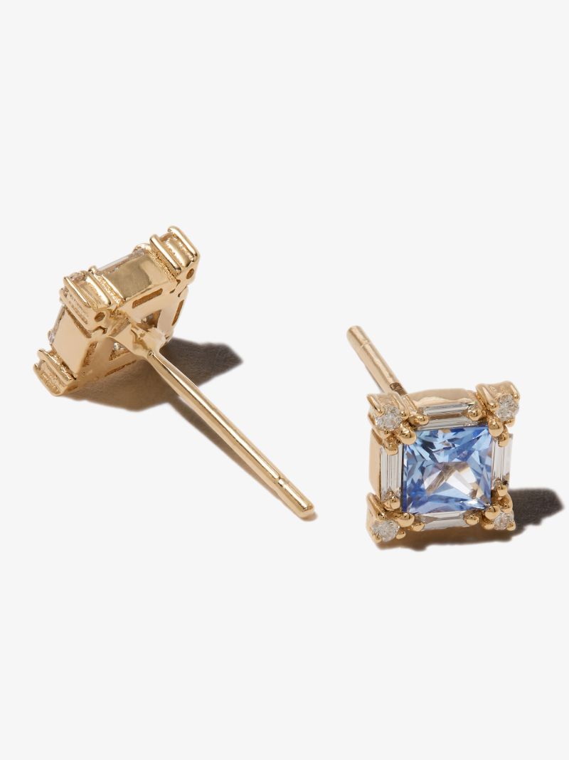 18k Yellow Gold Sapphire and Diamond Stud Earrings