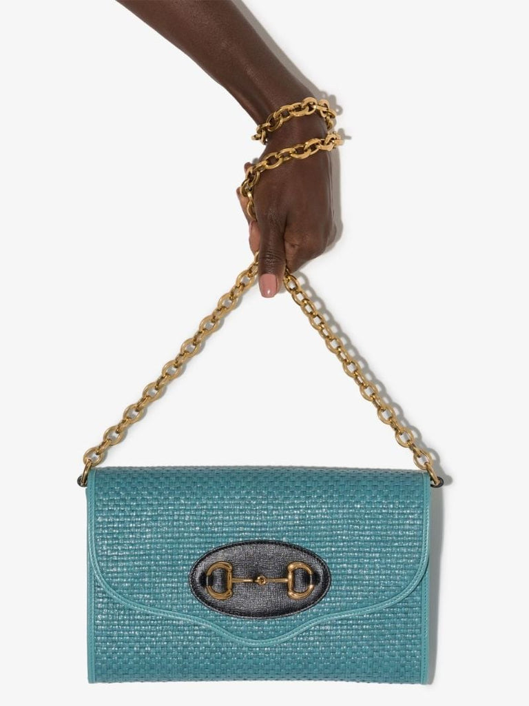 Blue Horsebit 1955 Raffia Small Shoulder Bag