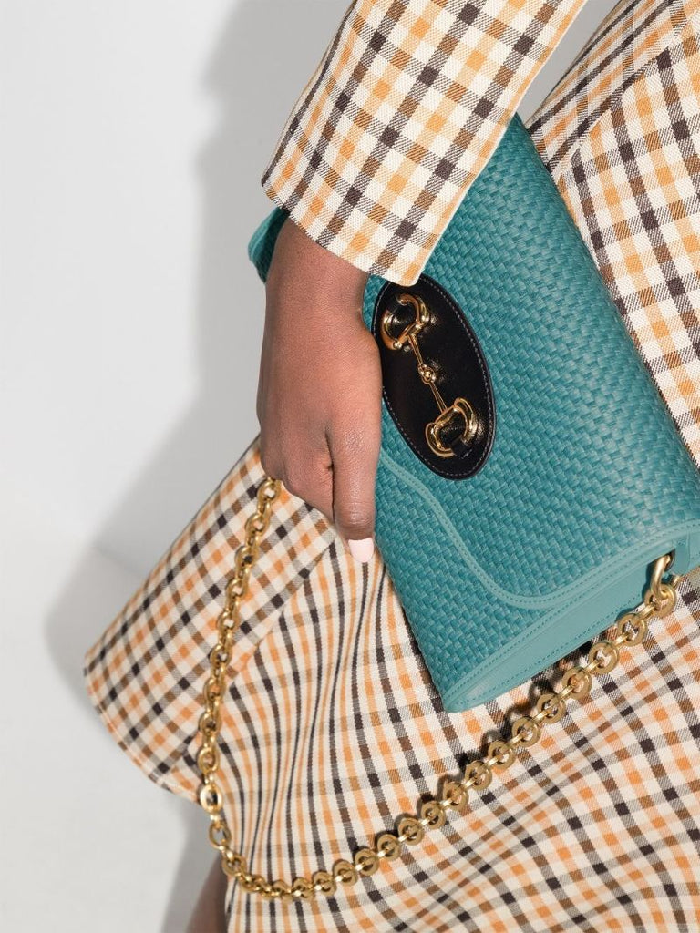 Blue Horsebit 1955 Raffia Small Shoulder Bag