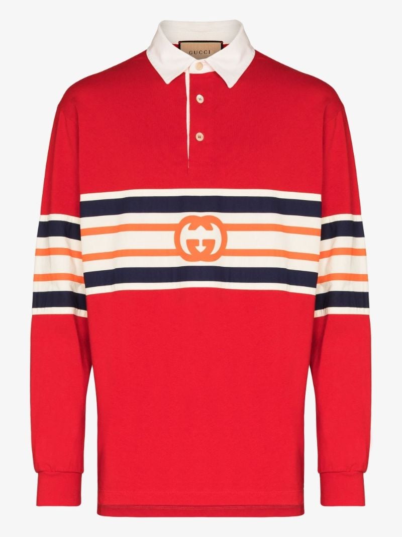 Red Striped Logo Print Rugby Shirt