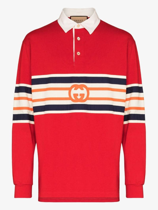 Red Striped Logo Print Rugby Shirt
