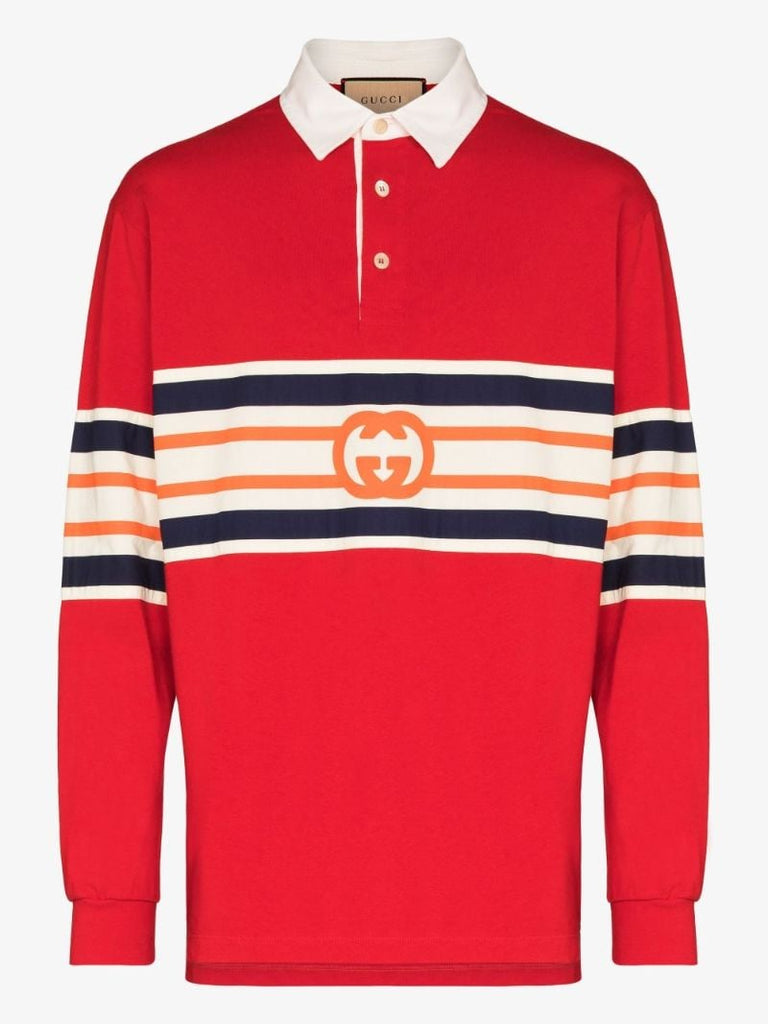 Red Striped Logo Print Rugby Shirt