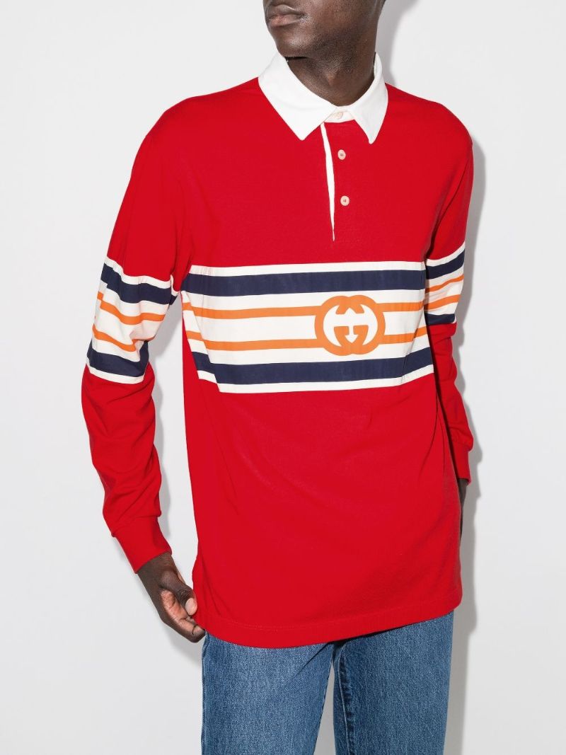 Red Striped Logo Print Rugby Shirt