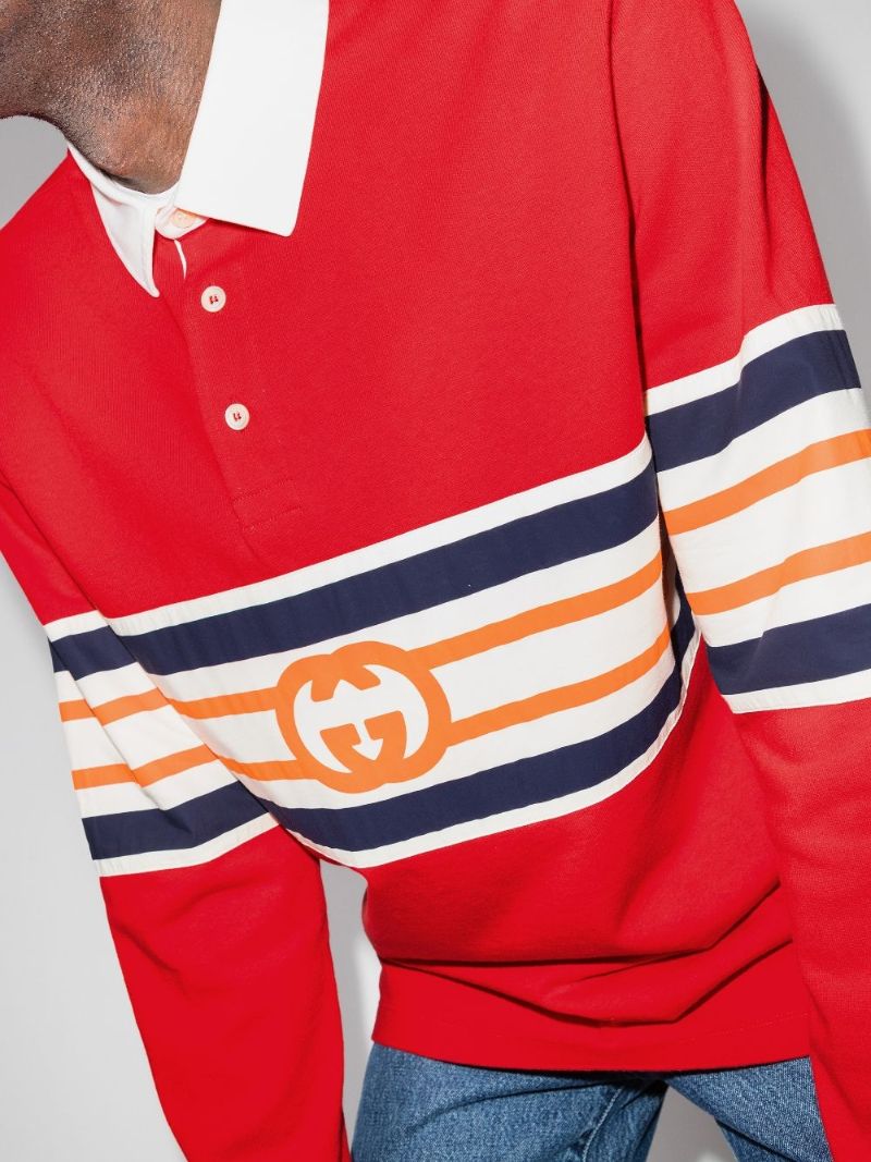 Red Striped Logo Print Rugby Shirt