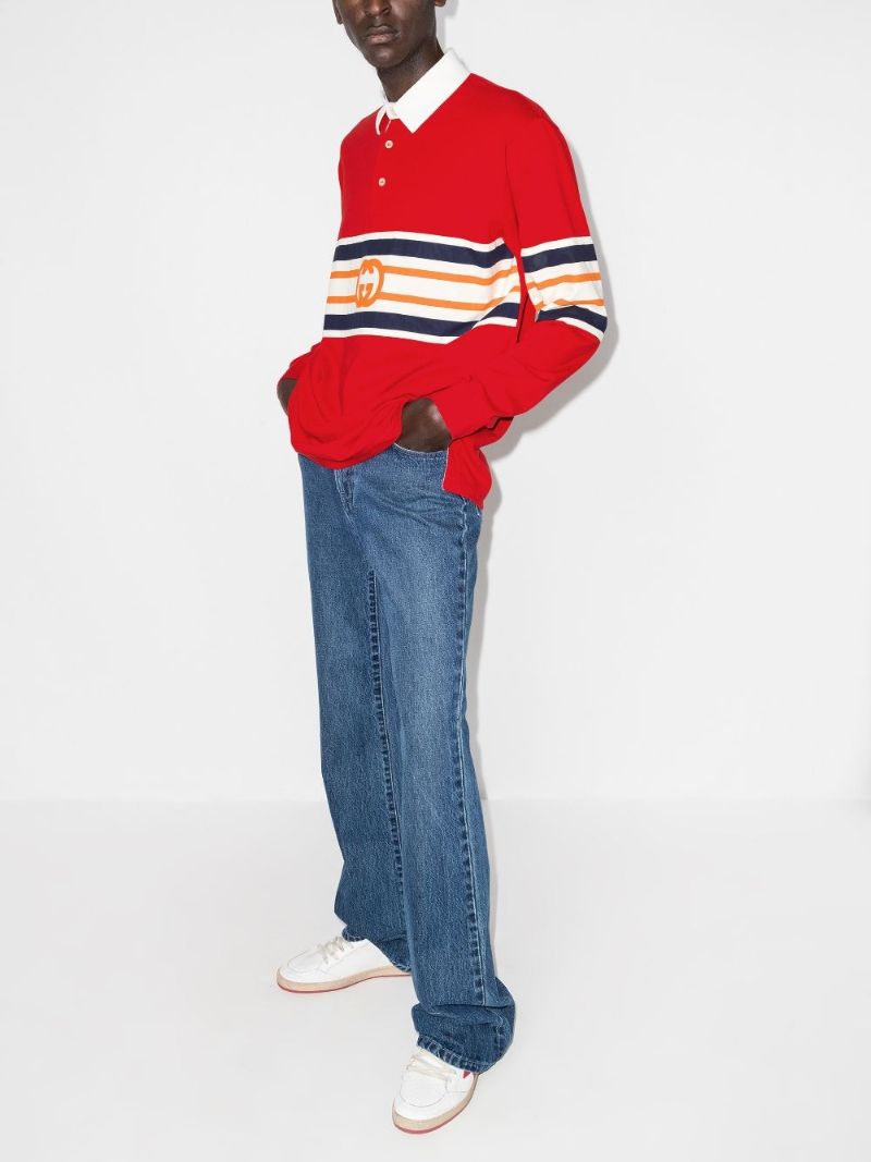 Red Striped Logo Print Rugby Shirt