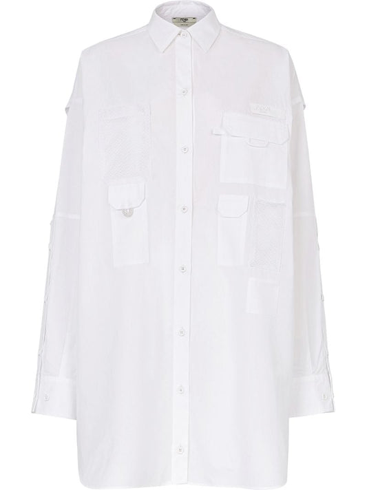 White Multi-pocket Logo Cotton Shirt Dress