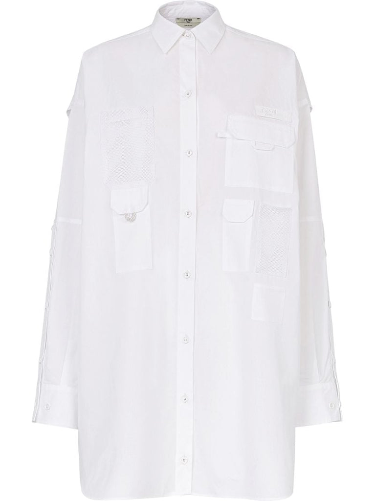 White Multi-pocket Logo Cotton Shirt Dress