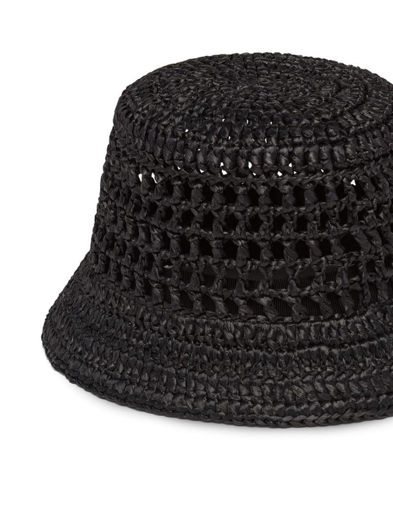 Black Logo Embroidered Raffia Bucket Hat