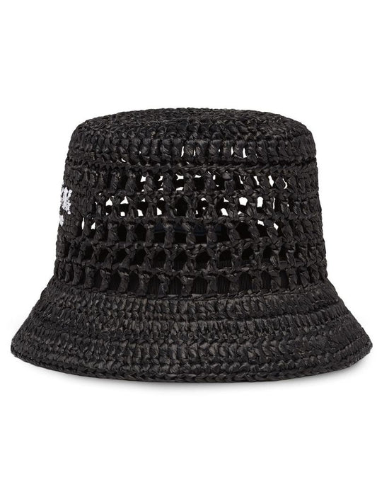 Black Logo Embroidered Raffia Bucket Hat