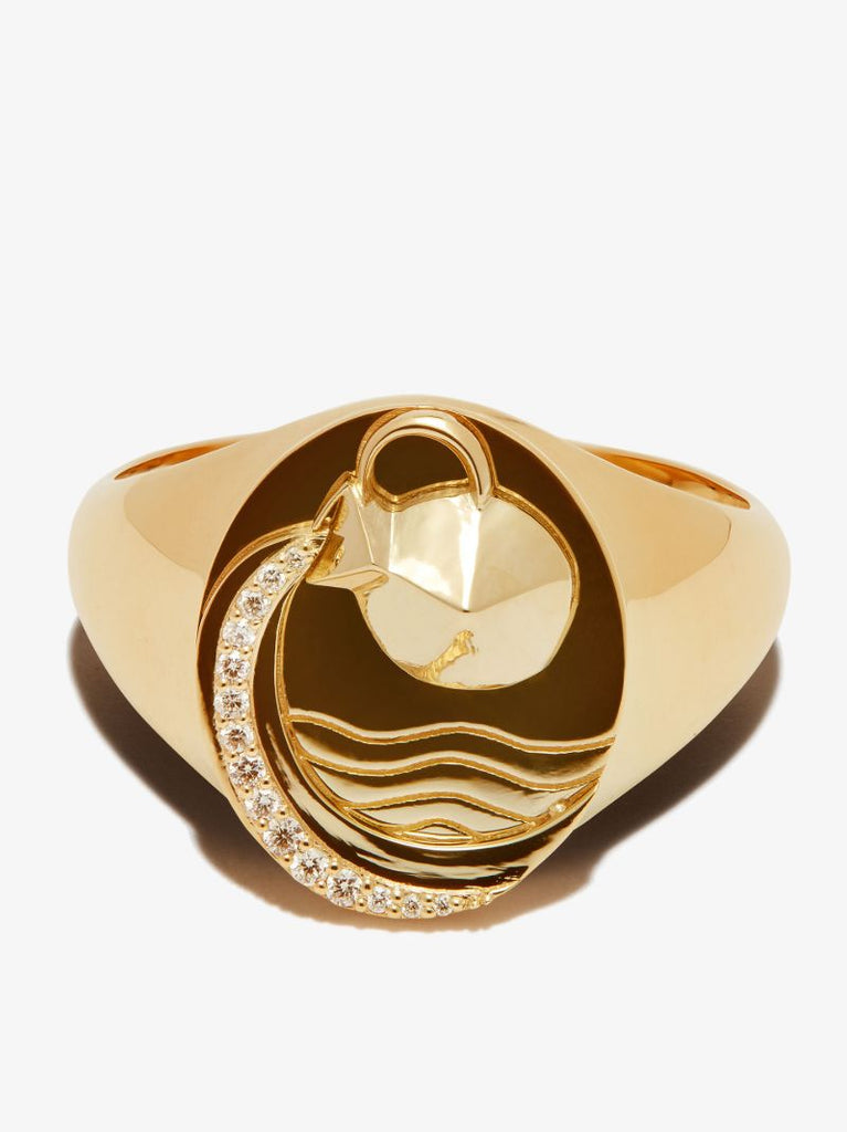 18k Yellow Gold Aquarius Diamond Signet Ring