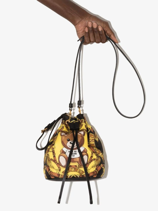 Yellow Teddy Bear Print Mini Bucket Bag