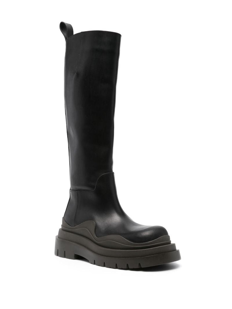 Black Tire Knee-high Leather Boots