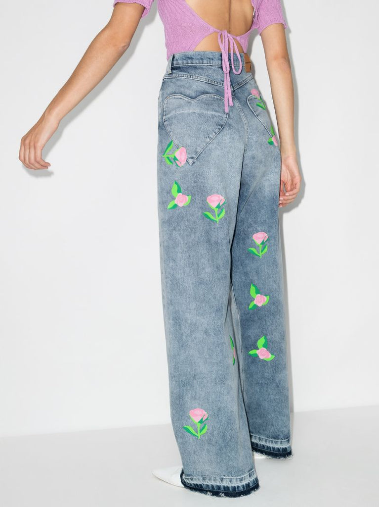 Rose Print Wide Leg Jeans