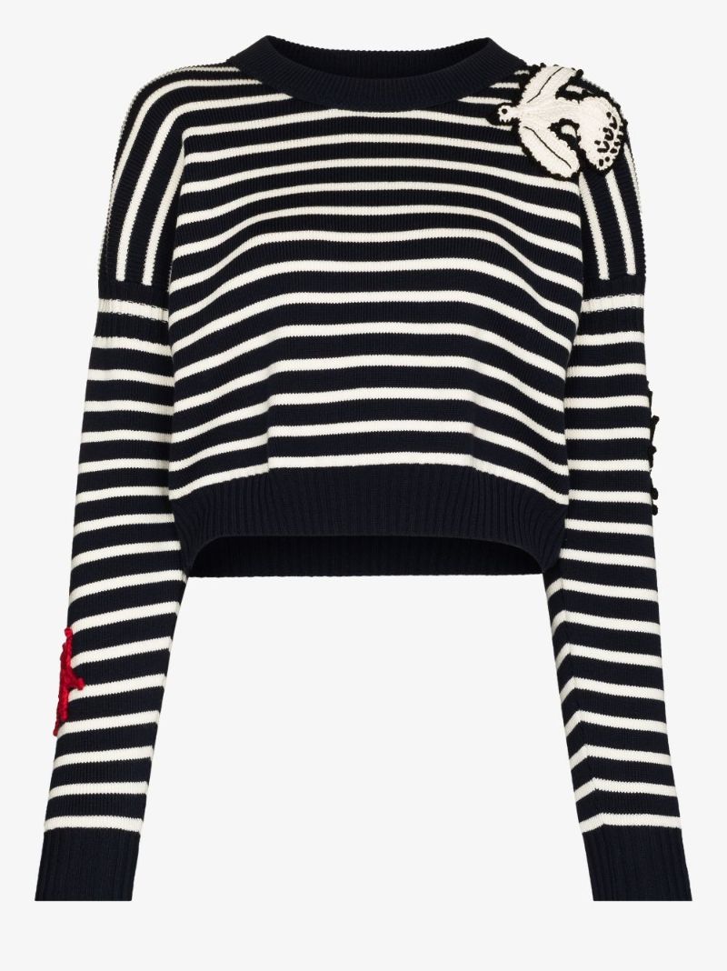 Crochet-patches Horizontal-stripe Jumper