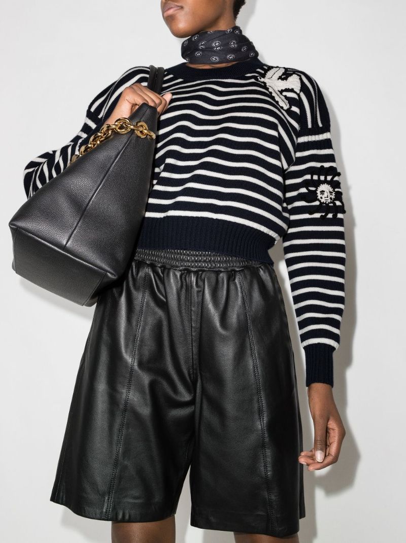 Crochet-patches Horizontal-stripe Jumper