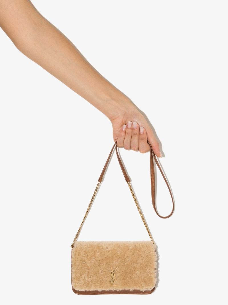 Brown and Neutral Shearling Phone Holder Bag