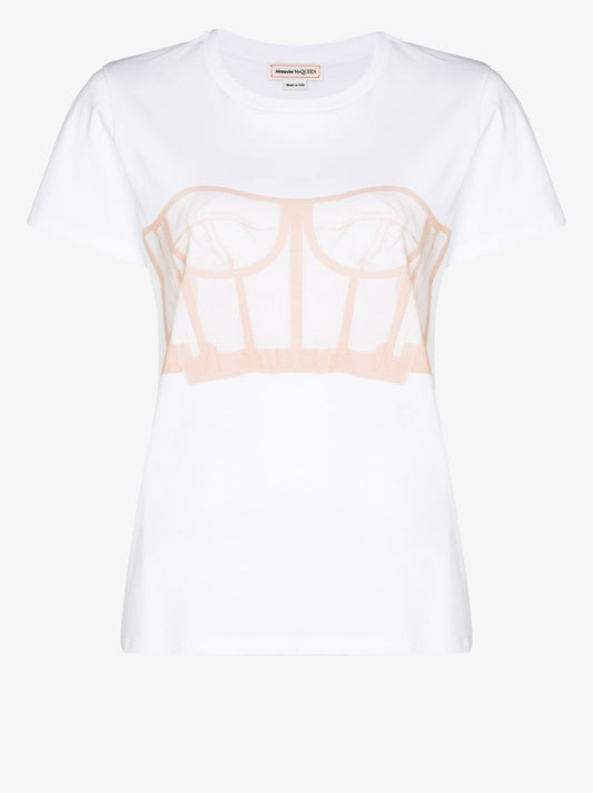 White Bustier Print Cotton T-shirt