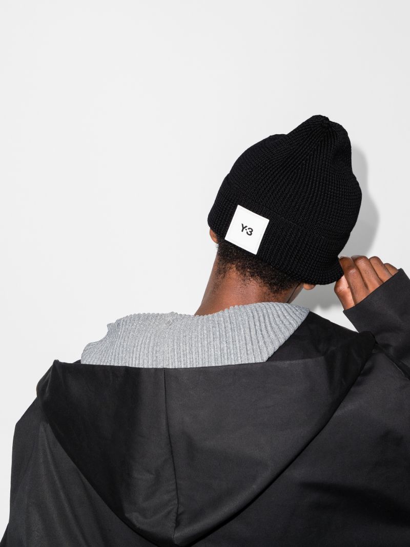 Black Logo Merino Wool Beanie Hat