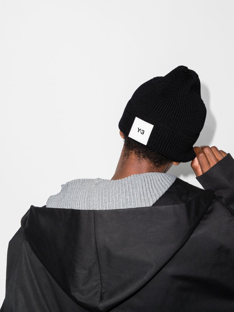 Black Logo Merino Wool Beanie Hat