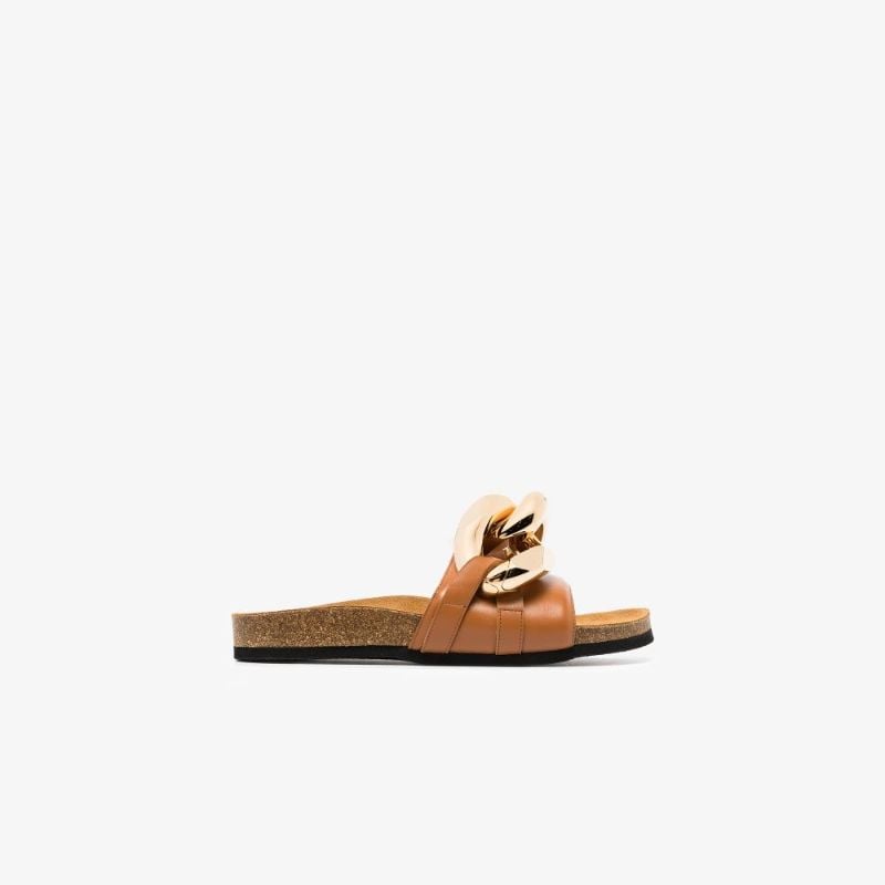 Brown Chain Leather Slides