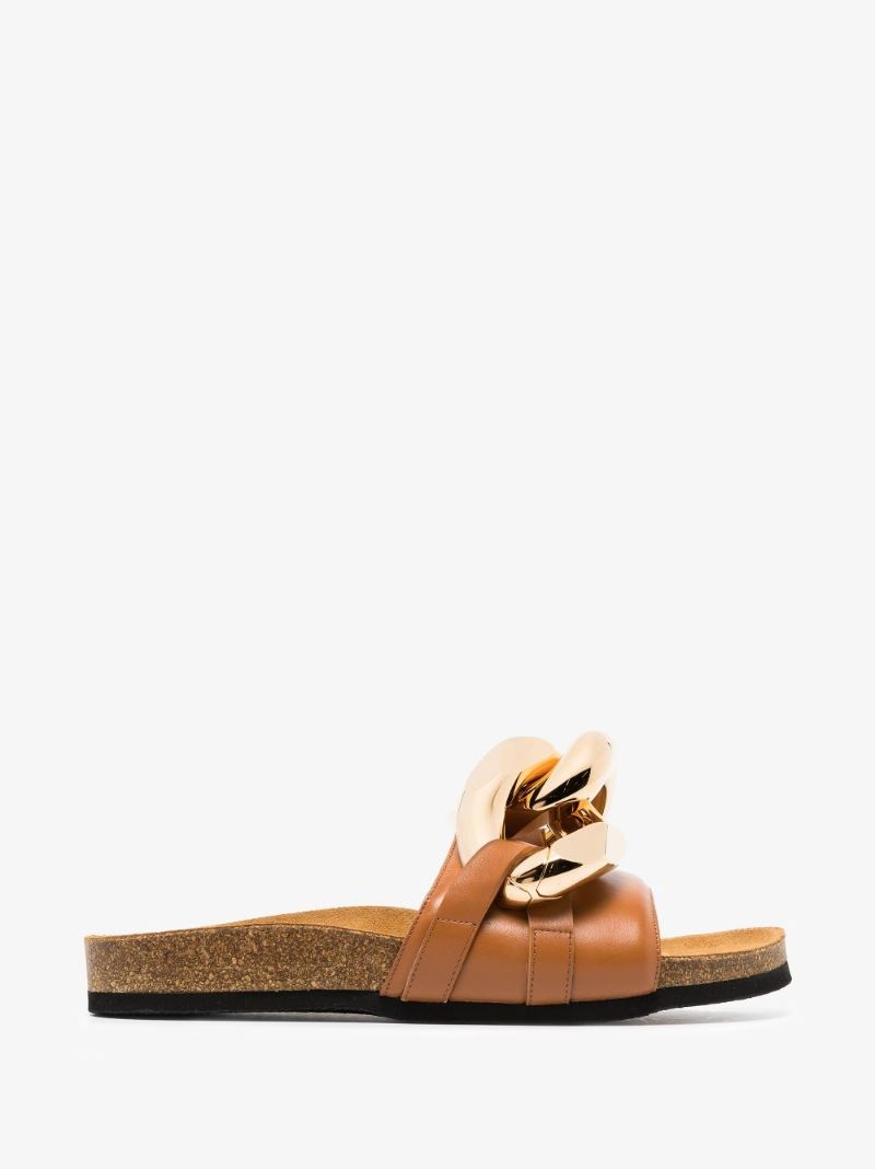 Brown Chain Leather Slides