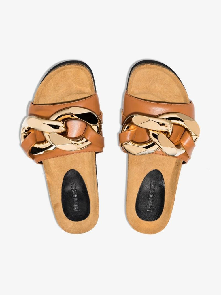 Brown Chain Leather Slides