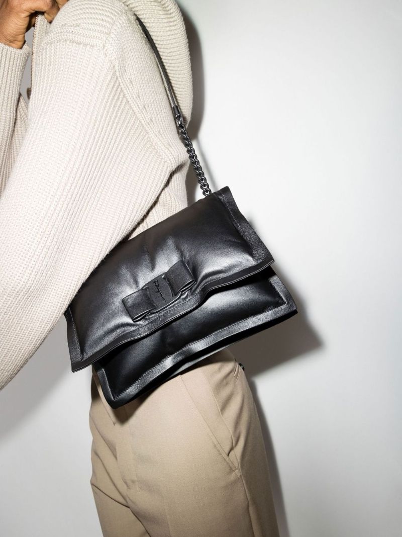 Black Viva Bow Padded Leather Shoulder Bag