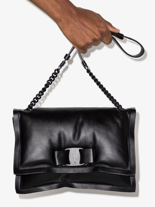 Black Viva Bow Padded Leather Shoulder Bag