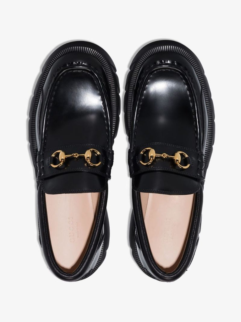Black Horsebit Platform Leather Loafers