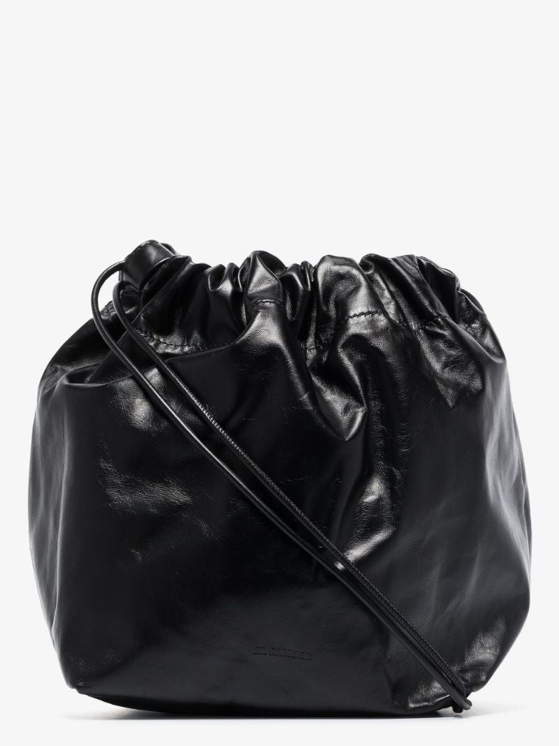 Black Small Drawstring Leather Cross Body Bag
