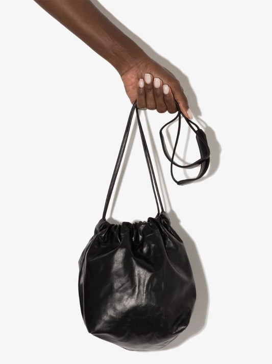 Black Small Drawstring Leather Cross Body Bag