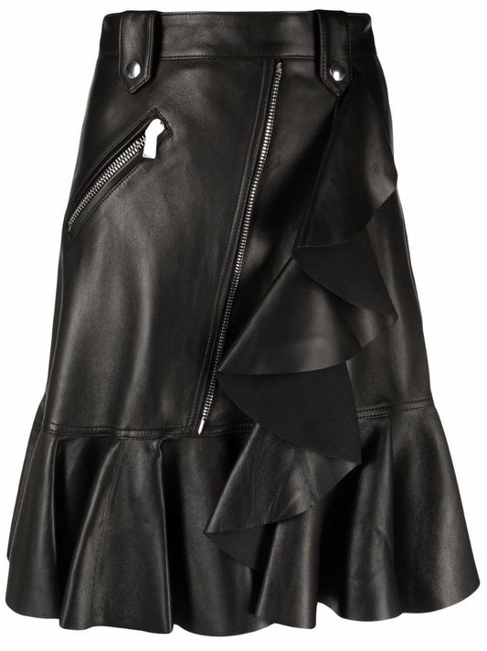 Black Leather Peplum-hem Skirt