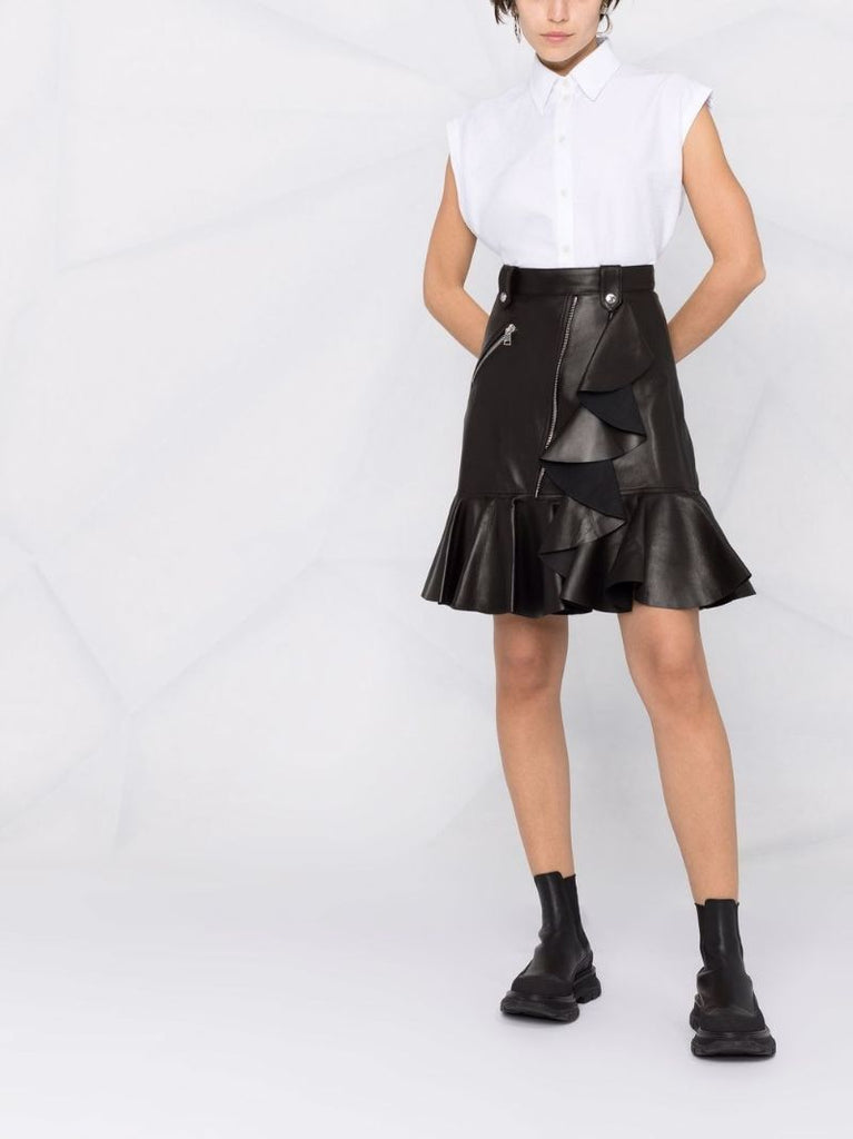Black Leather Peplum-hem Skirt