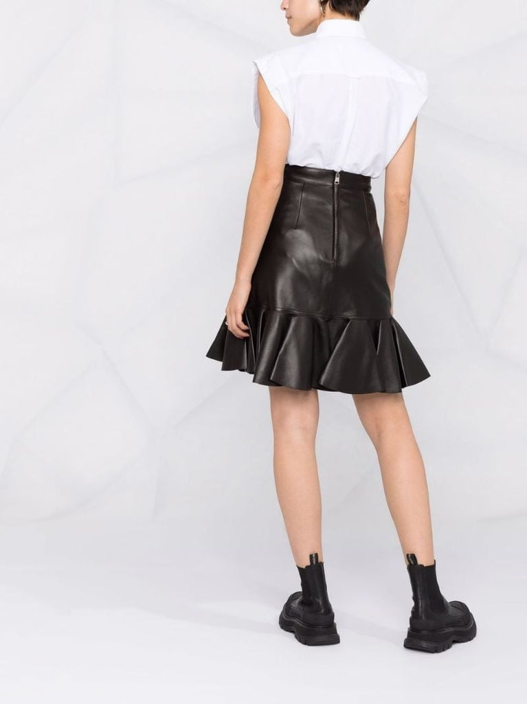 Black Leather Peplum-hem Skirt