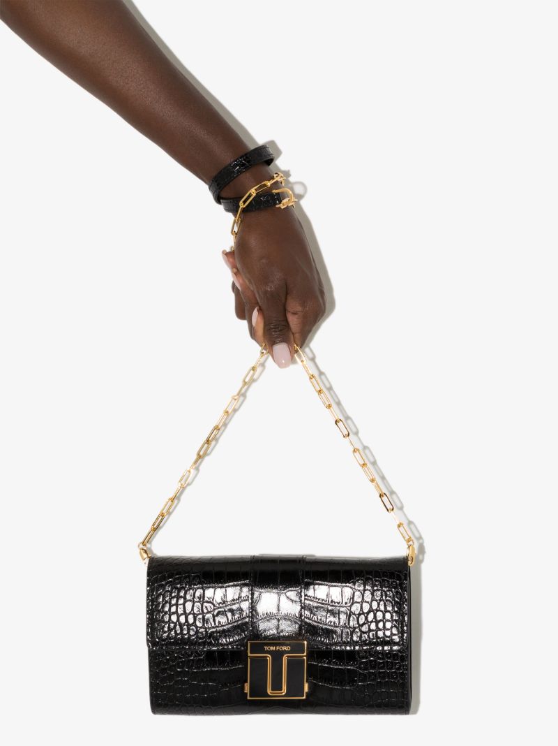 Black Mock Croc Leather Chain Wallet