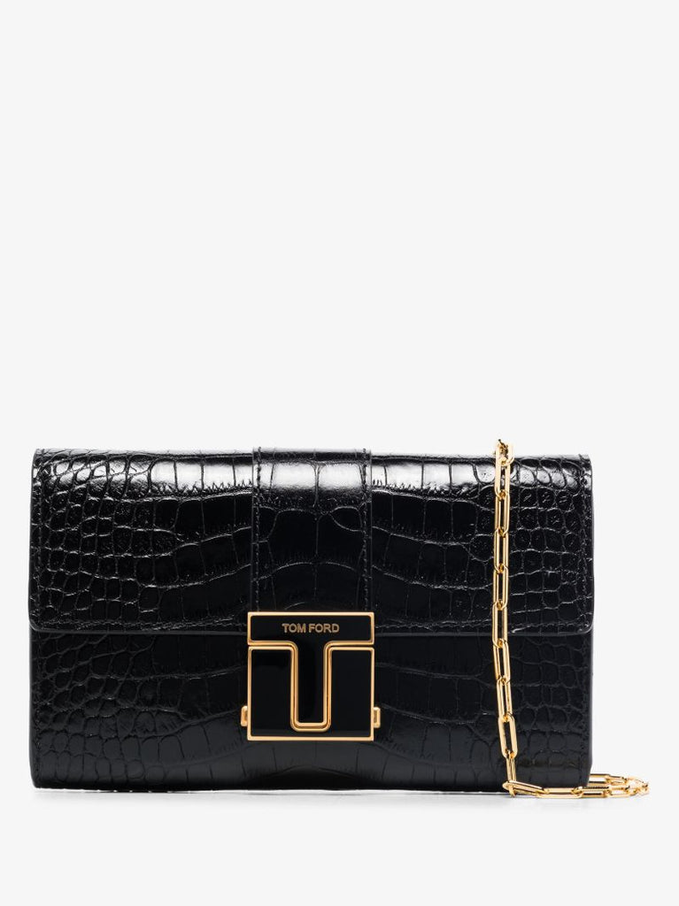Black Mock Croc Leather Chain Wallet