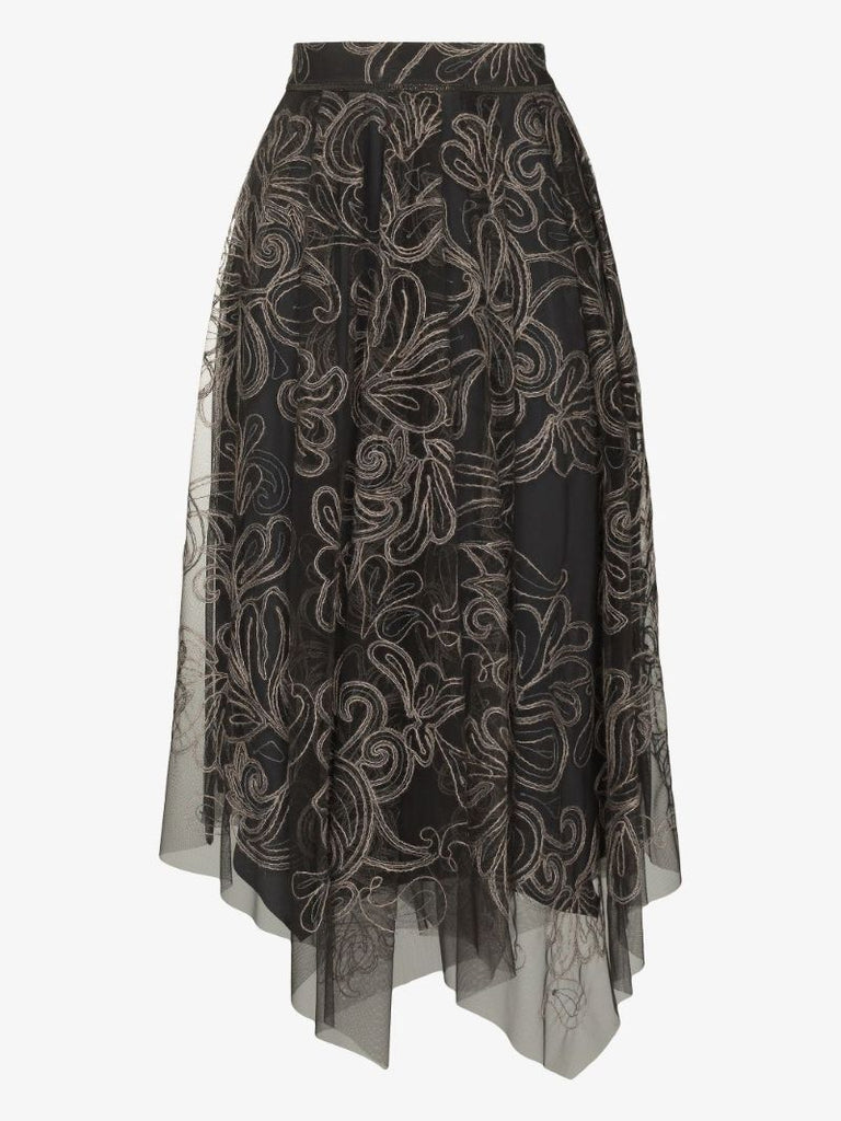 Asymmetric Embroidered Tulle Midi Skirt